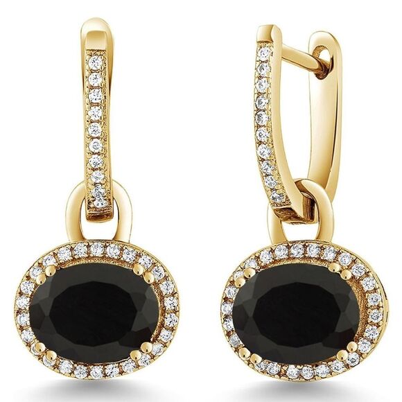 18K Yellow Gold 925 with 4.84 Cttw Black Onyx Oval Dangling French Lock Earrings